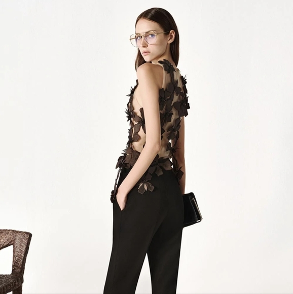 Floral Embellished Sleeveless Top - Cream and Brown - Picture 7 of 8